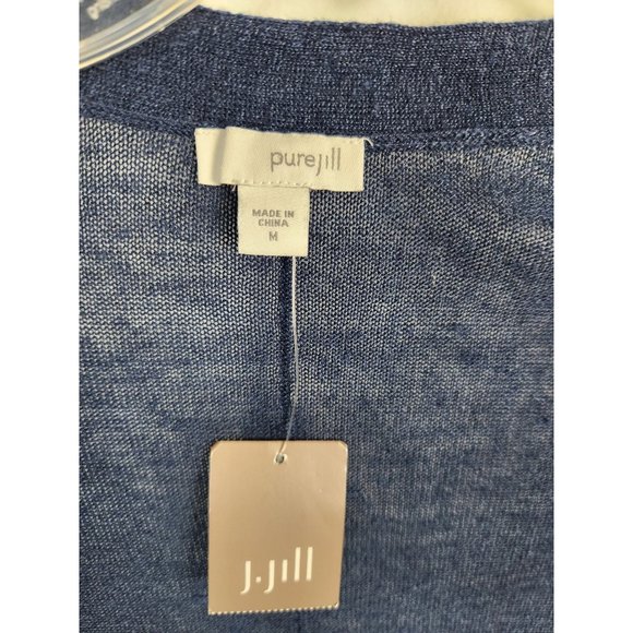 Pure Jill Women's Sz. M Navy Blue Linen Blend Long Line Open Front Cardigan NWT - Picture 2 of 6